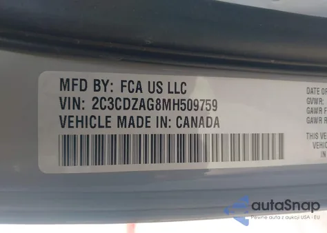 2021 Dodge Challenger Sxt из США, поврежденный, VIN 2C3CDZAG8MH509759